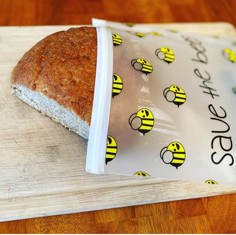 Save the Bees 6Pc. SET!! Reusable Gallon (1), XL(Qt) Sandwich (2) Bags; Sm. BeeWrap Pck (2pc.) and a Yellow Stand