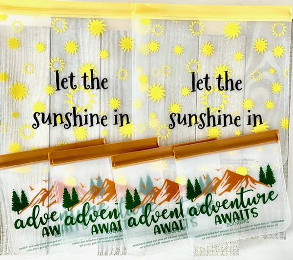 Reusable 6-Piece Eco-Friendly Set: (2)Gallon and (4)Sandwich Bag  - "Adventure Awaits and Sunshine"