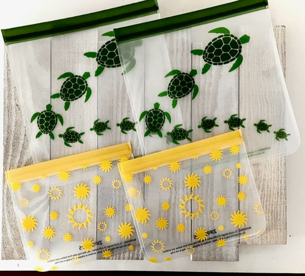 Reusable 4-Piece Set: Gallon (2) and Quart (2) Bag Set - "Sea Turtles on the Move" and "Sunshine"