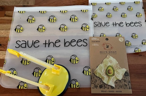 NEW! Bee's Wrap and Bag COMBO - 2 pack reusable Bee's Wraps with Gallon & Quart "Save the Bees" with drying rack