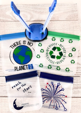 NEW SET! Reusable 4-Piece Sandwich (2) and Snack (2) Bag Set - Earth Friends Collection with bag stand/drying rack