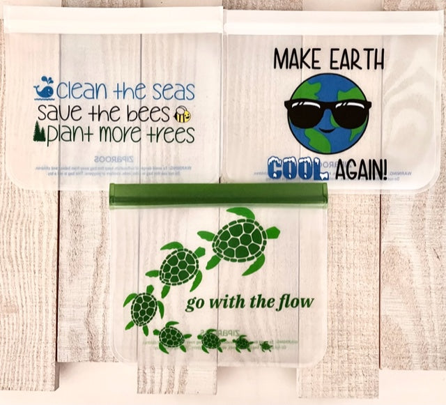 Reusable 3-piece XL(Qt) Bag Set - Make Earth Cool Again, Sea Turtles & Seas/Bees/Trees