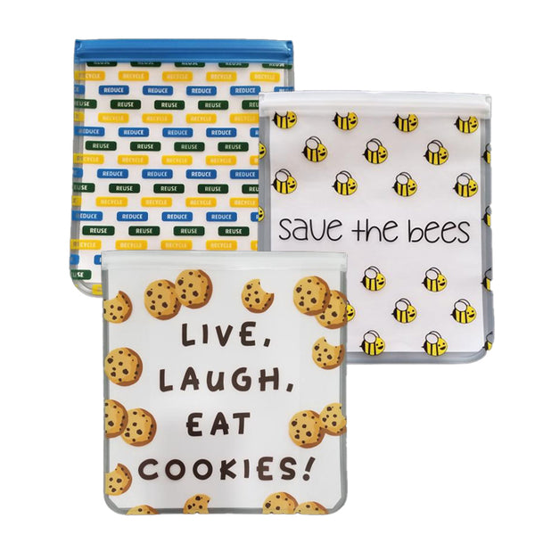 Reusable 3-piece Quart Storage Bag Set - Save the Bees, Eat Cookies, Reduce/Reuse/Recycle