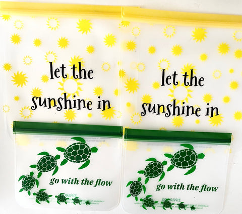 NEW SET! Reusable 4-Piece Set: Gallon (2) and Quart (2) Bag Set - "Sunshine" and "Sea Turtles on the Move"