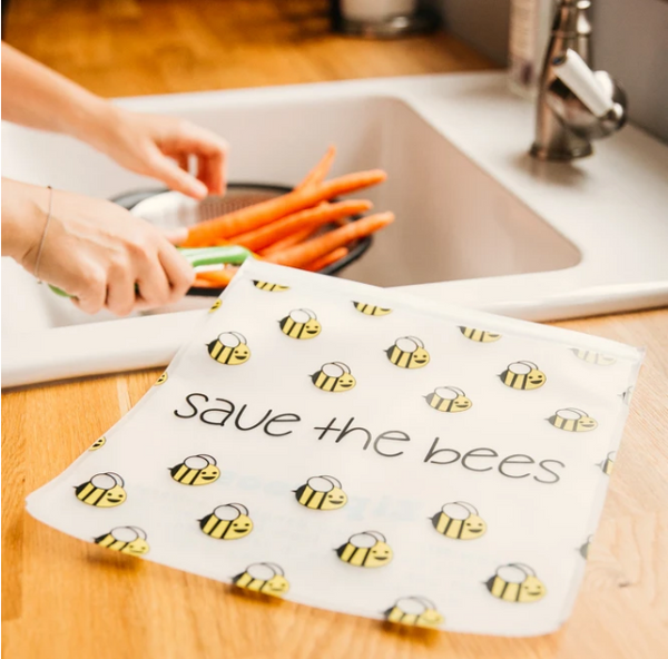 Save the Bees 6Pc. SET!! Reusable Gallon (1), XL(Qt) Sandwich (2) Bags; Sm. BeeWrap Pck (2pc.) and a Yellow Stand