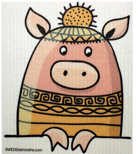 Swedish Dishcloths 3-piece set: two cloths with the Dancing and Peeking Pig design & one reusable XL sandwich bag