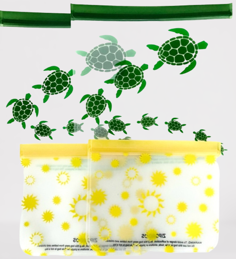 NEW SET! Reusable 4-Piece Set: Gallon (2) and Quart (2) Bag Set - "Sea Turtles on the Move" and "Sunshine"