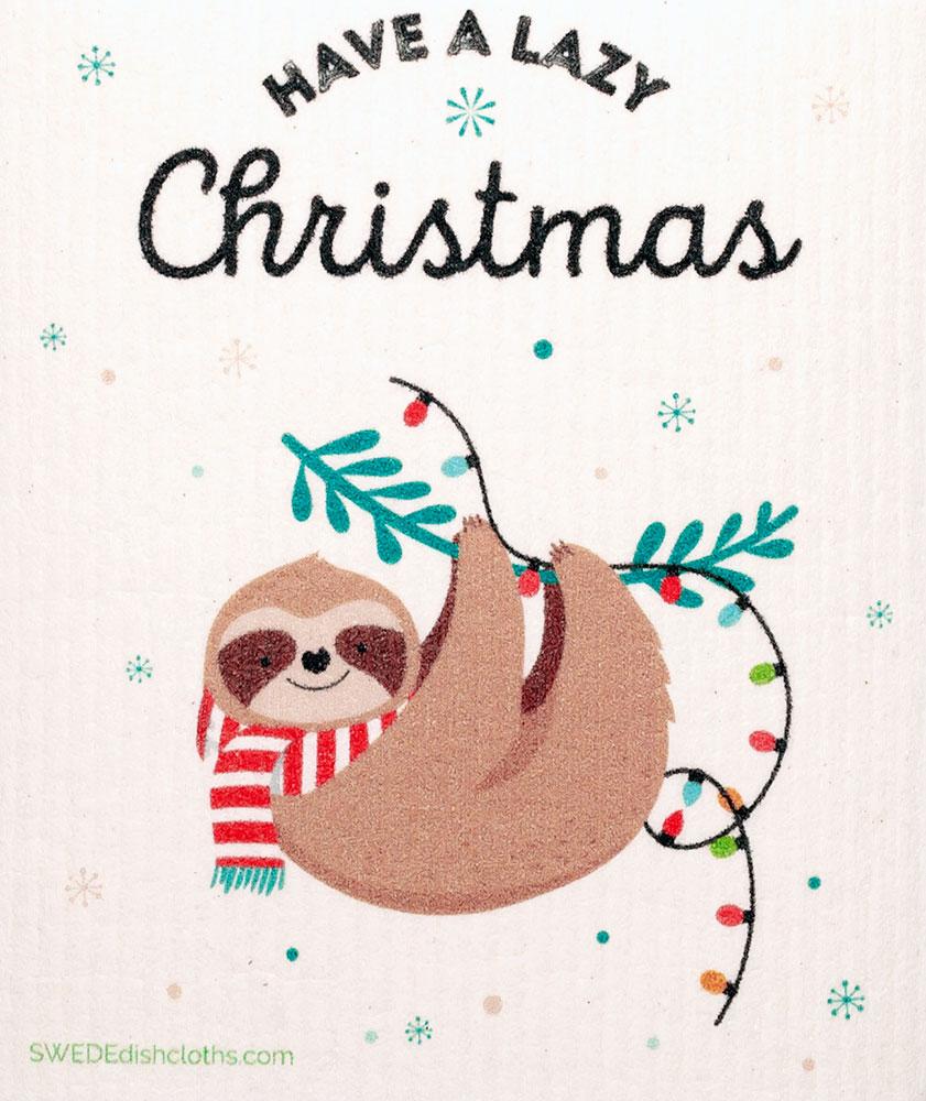 Swedish Dishcloths 3-piece set: Christmas Sloth and Dancing Elves cloths with reusable XL sandwich bag