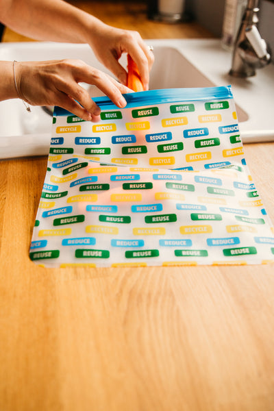 Ziparoos Reusable 2-Piece Gallon Size Freezer Bags Earth Friends Design Reduce Reuse Recycle to store food and produce and keep food fresh