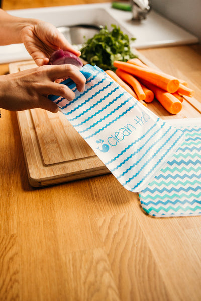 Ziparoos Reusable 4-Piece Quart Size Freezer Bags Earth Friends Design Clean the Seas/Chevron for food and produce storage