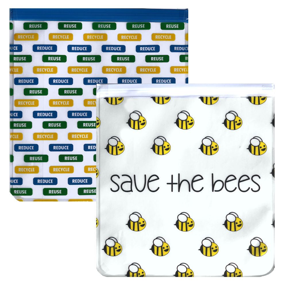 Ziparoos Reusable 2-Piece Gallon Size Freezer Bags Earth Friends Design Save the Bees/Reduce Reuse Recycle