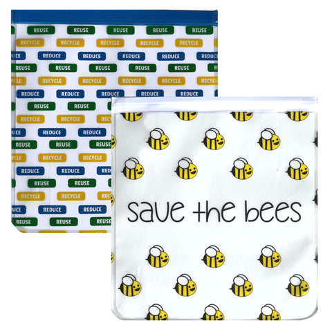 Ziparoos Reusable 2-Piece Gallon Size Freezer Bags Earth Friends Design Save the Bees/Reduce Reuse Recycle